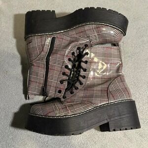 Dark Grey Plaid Pattern Platform Boots